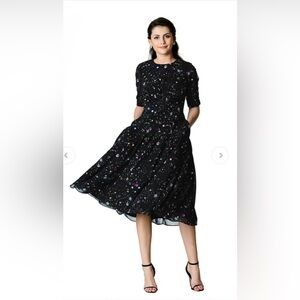 eShakti WAYWARD FANCIES Constellation Print Pleated Georgette midi Dress Large